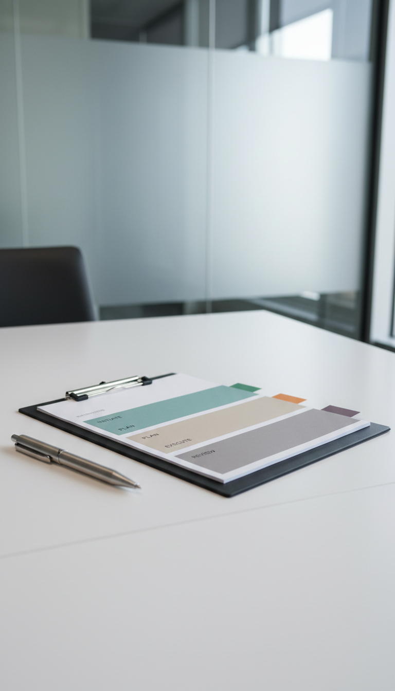 A matte charcoal clipboard holding a set of neatly arranged documents with color-coded page tabs and precision-cut, neutral-toned dividers, placed on a pristine, white lacquer conference table. To the side, an angular steel pen rests parallel to the clipboard, while the background reveals the structured edge of a frosted glass wall, lending a touch of sophistication. Illuminated by soft, natural daylight filtering through a large window, the scene is bathed in cool, even light, highlighting the crisp textures and clean forms. Shot from a slightly elevated, off-center angle, with sharp focus and strong horizontal lines, the mood is resolute and meticulous, evoking a sense of checkpoint-driven project execution in a high-standard business environment.